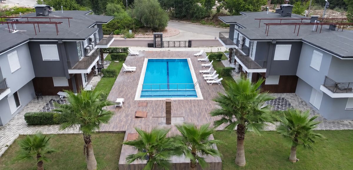 Aerial view of the pool, the palms and the apartment buildings