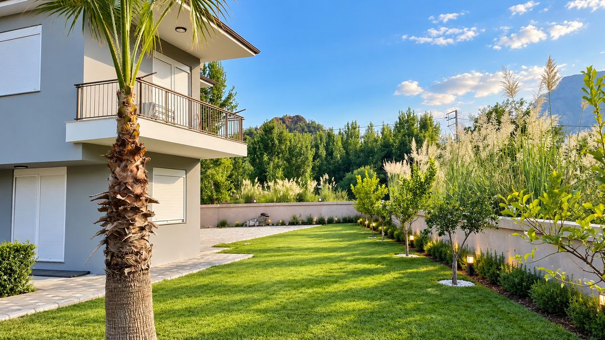 Green lawn with a palm tree and young fruit trees beside the building